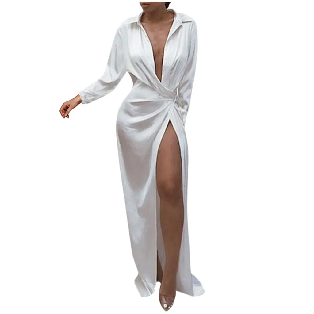 Женское сексуальное тонкое платье сплошной цвет глубокий v-образный вырез с