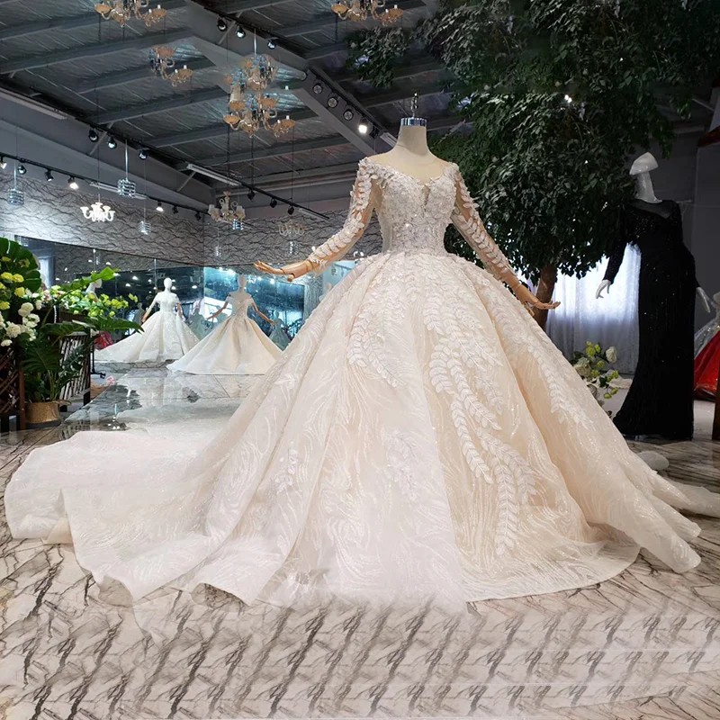 HTL186 2020 new design beauty wedding dresses with detach train full off leaves lace appliques luxury gown veil | Свадьбы и