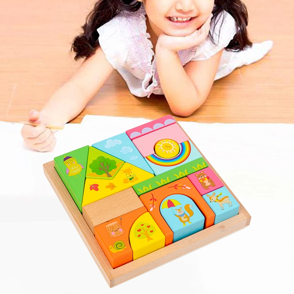 

Set of 16 Wooden Building Block Toys Stacking Toy Shape Nesting Recognition Skills for Kids Boy Girl Baby 2+ Fine Motor Skill