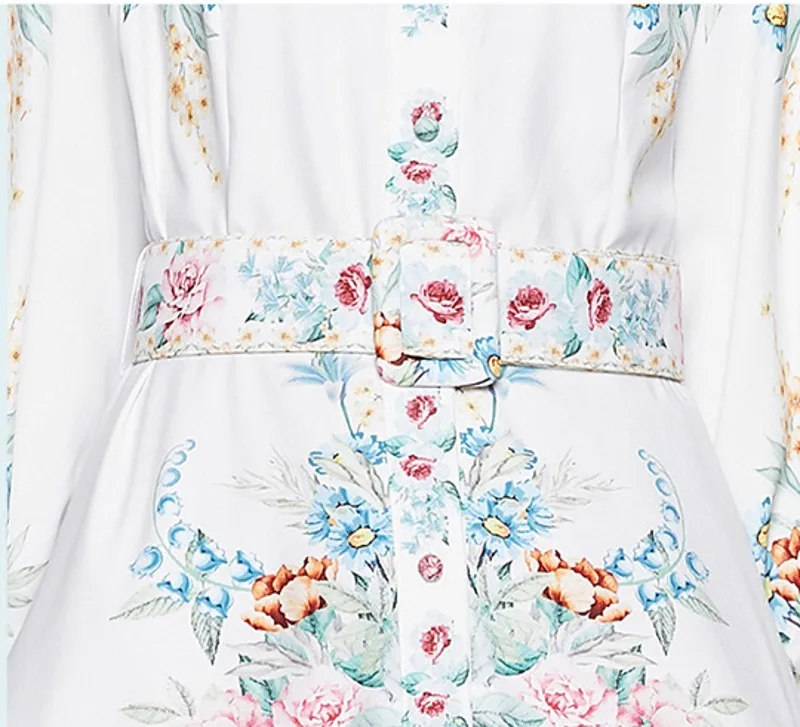 

2020 Autumn women Flower Printed Dress Elegant Women long Sleeve Turn Down Collar Pleated Dress with belt