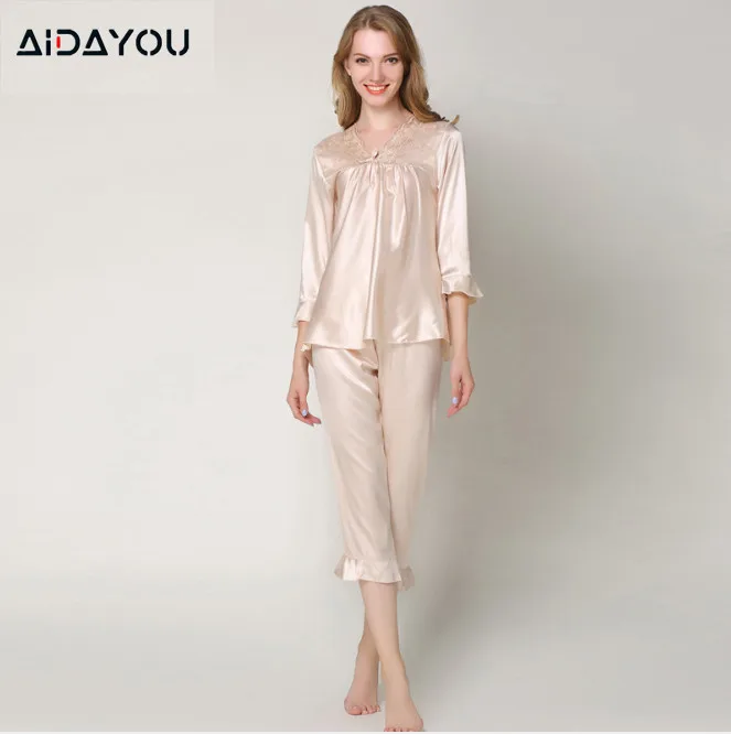 Женские Классические Атласный пижамный комплект ночное белье Loungewear шелковые