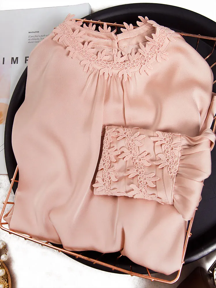 

Mulberry Silk Shirt Blouse Pink Lace Stand Collar Long Sleeve Commuter 2021 Women's Fashion Casual Shirt T-shirt