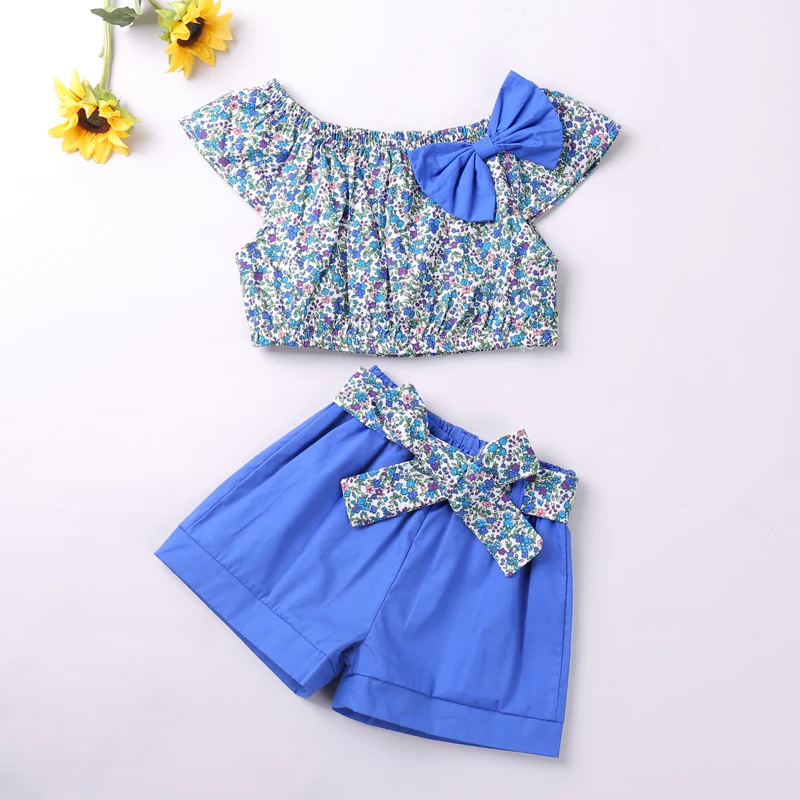 

New Summer Girls' Clothes Set Sleeveless Bowknot Printed Top + Shorts Fashion Children's Clothes 2 Pieces