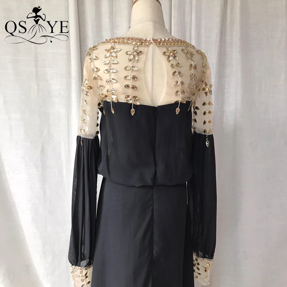 Дешевое элегантное черное платье для выпускного вечера с длинными рукавами и