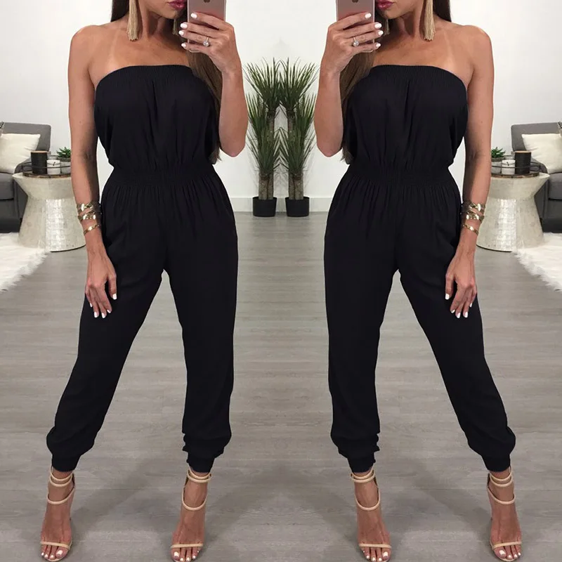 Женский черный однотонный комбинезон без бретелек с открытыми плечами клубный