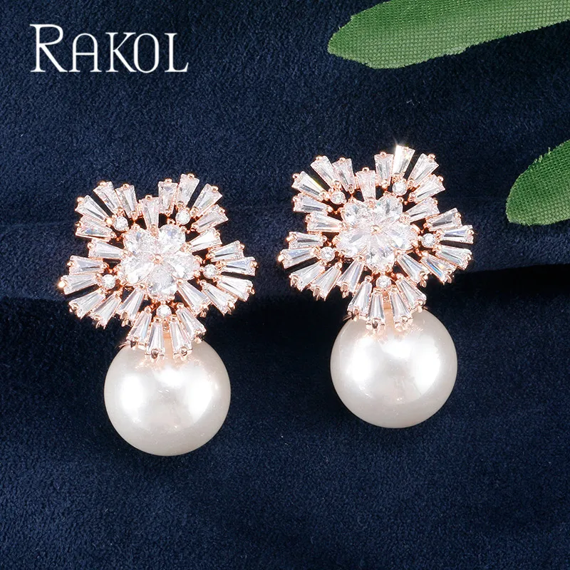 RAKOL, Новое поступление, кубический цирконий, Большой Снежный Цветок, серьги-гвоздики для женщин, белые жемчужные серьги, рождественский подарок, ювелирное изделие, RE0755L