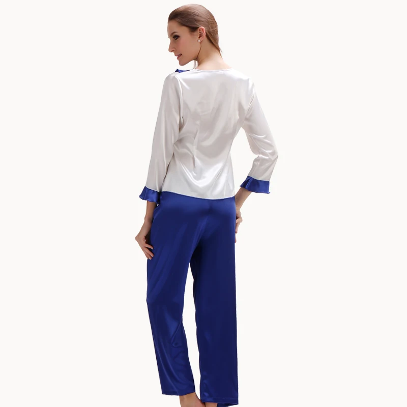 Синяя белая шелковая пижама женская одежда для сна Атласный пижамный комплект с