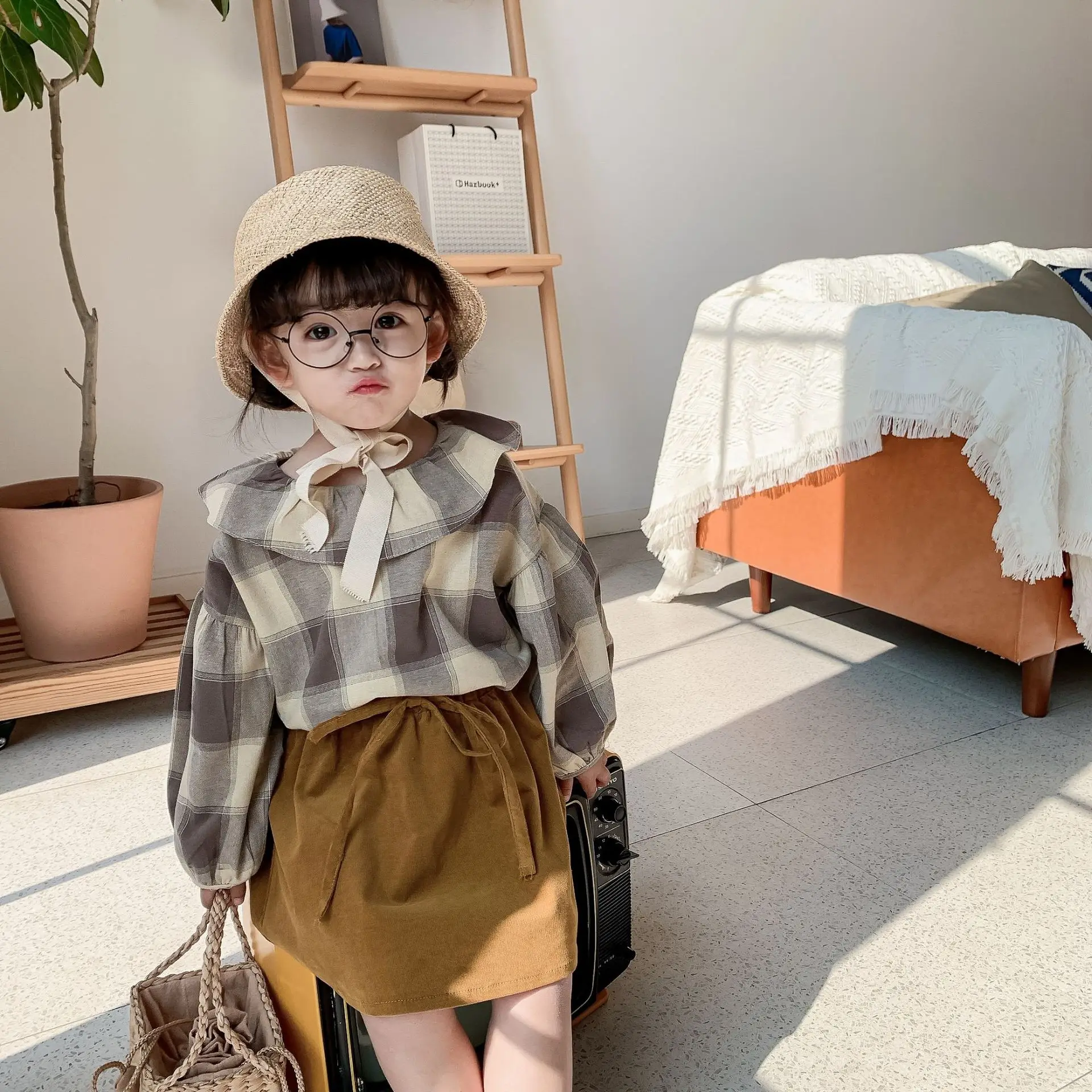 Весенние повседневные комплекты одежды для маленьких девочек Детская клетчатая