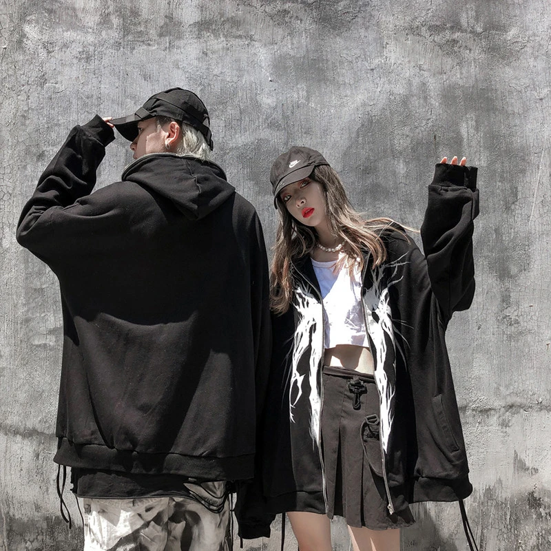 

Повседневная Женская толстовка с капюшоном и графическим принтом в стиле панк, черное крутое пальто большого размера на молнии с лентой, Мо...
