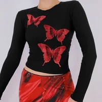 autumn spring women t shirts fashion butterflies print long sleeve slim fit crop tops ladies pullover streetwear
