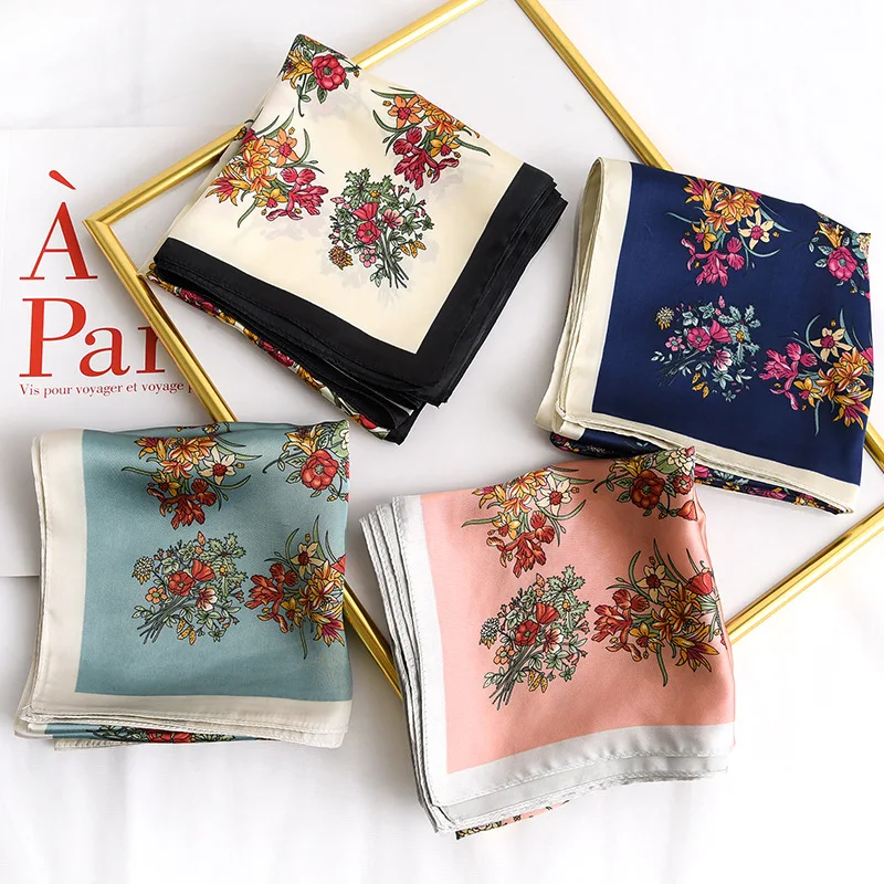 

Fashion Handkerchief Hair Scarf For Women Floral Print Headband Silk Neck Scarfs Female 70*70cm Square Shawls Hijab Scarves 2020