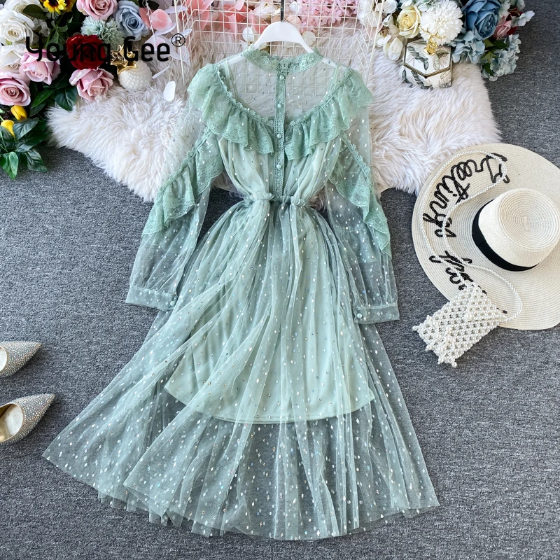 Женское платье с длинным рукавом Young Gee Сетчатое оборками и высоким воротником