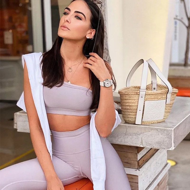 

Two Piece Set Women Sporty Sets One Shoulder Sexy Bodycon Crop Top Fitness Clothes+Slim Leggings Pants Summer Tracksuit Outfits