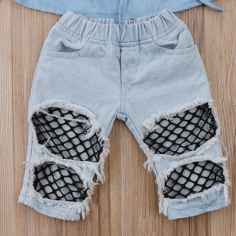 

Fashion Pretty Summer Toddler Baby Girls 2PCS Sets Long Sleeve Off Shoulder Blue Loose Tops Hole Denim Pants Outfit 6M-4Y