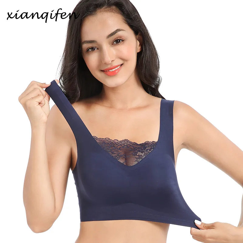 Xianqifen sports plus size bras for women seamless push up wireless vest sexy sleep bralette lace brassiere 110 115 M XL top bh