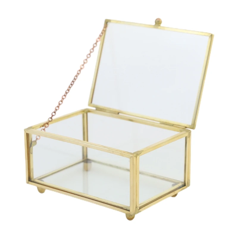 

Vintage Golden Glass Lidded Box Decorative Jewelry Keepsake Display Organizer Clear Rectangle Box Rings Bracelet Golden