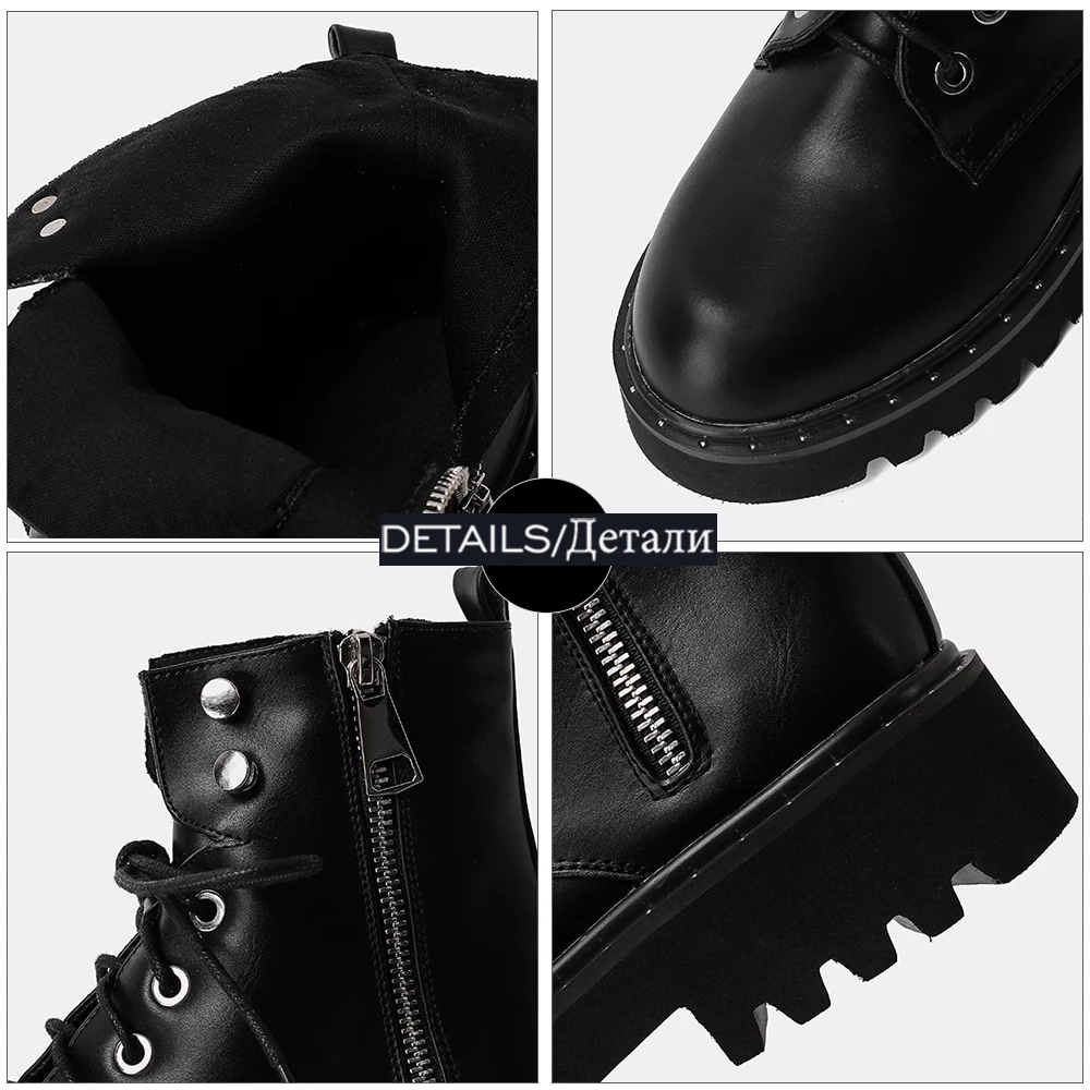 

WETKISS Woman Ankle Boots Side Zipper Lace Up Round Toe Booties Platform Chunky Heels Shoes Women Rivets Skid Proof Big Size 43