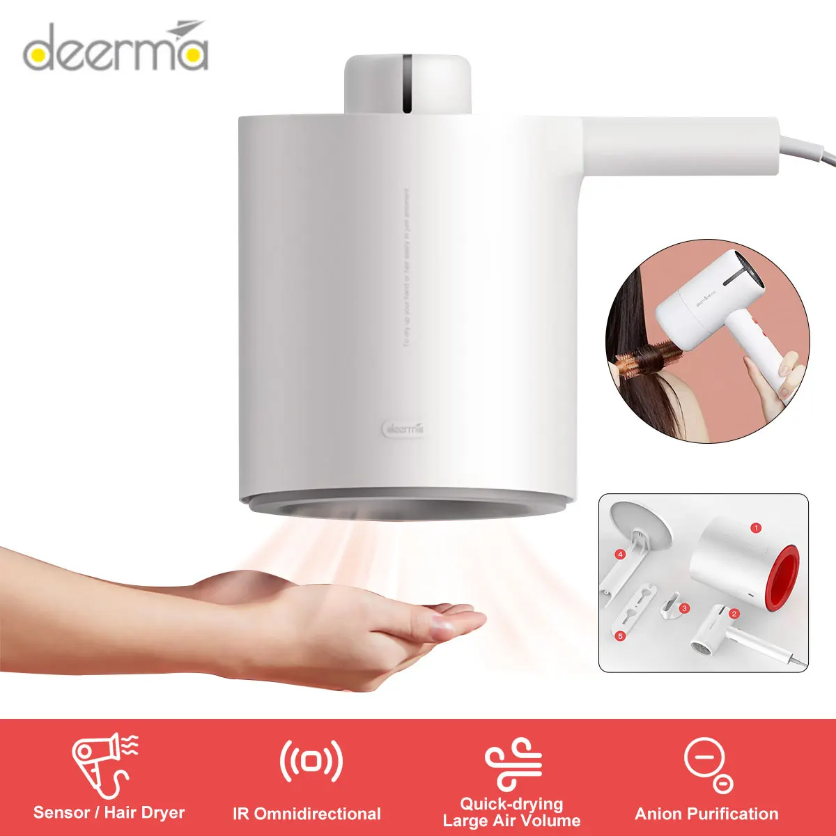 

Deerma DEM-GS100 2 in 1 Automatic Hand Dryer Hair Dryer Multifunctional Negative Ion Purification 1800W Hair Styling Air Blower