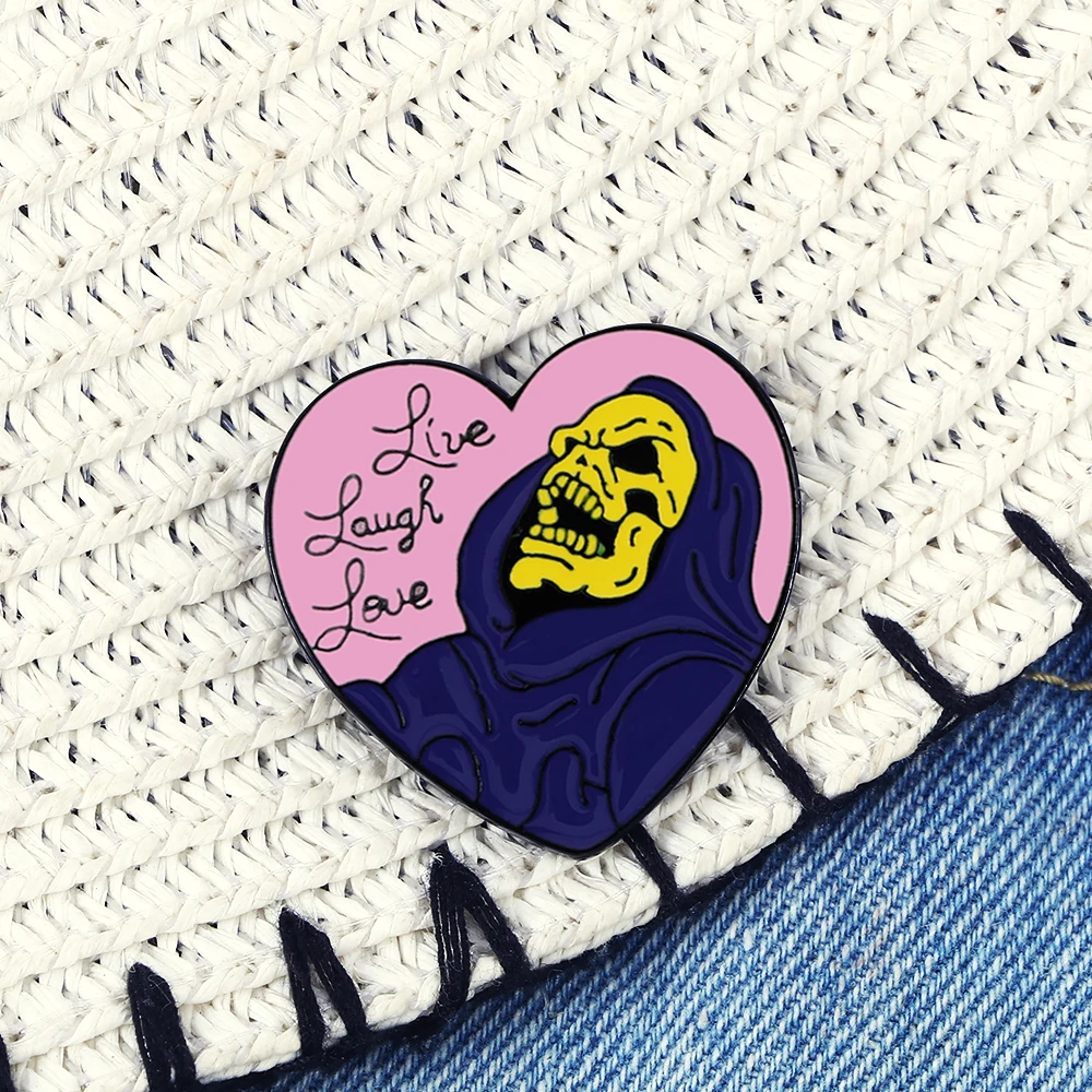 Purple Skeleton Enamel Pins Live Laugh Love Skull Heart Shape Brooch Denim Shirts Lapel Badge Halloween Gothic Dark Jewelry | Украшения и