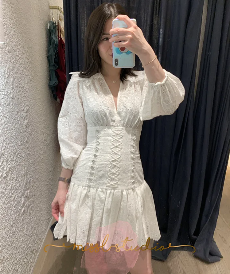 

Женское винтажное платье с V-образным вырезом, приталенное праздничное платье белого цвета, весна-лето 2020