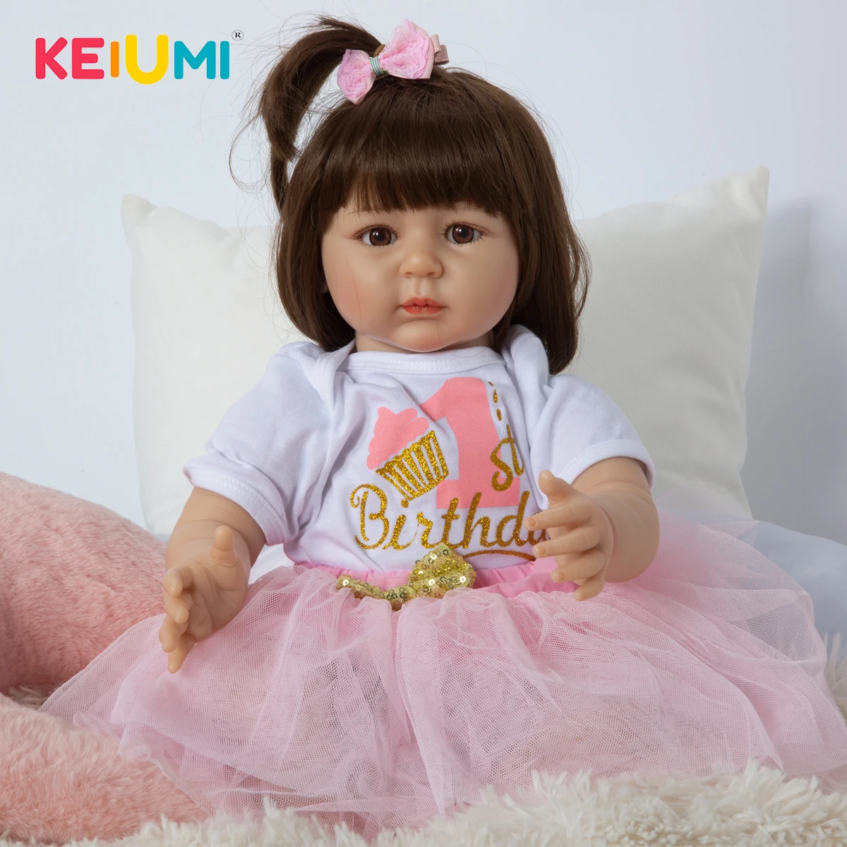 

KEIUMI 55 CM Reborn Baby Dolls Silicone Baby Dolls Lovely Cloth Body Vinyl Doll Toys With Pink Dress For Kids Birthday Gift
