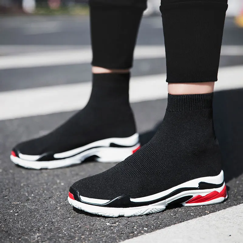 

2021 High Top Running Shoes For Men Socks Sneakers Footwear Athletic Breathable Mesh Fly Weave Sport Shoes Zapatillas Hombre