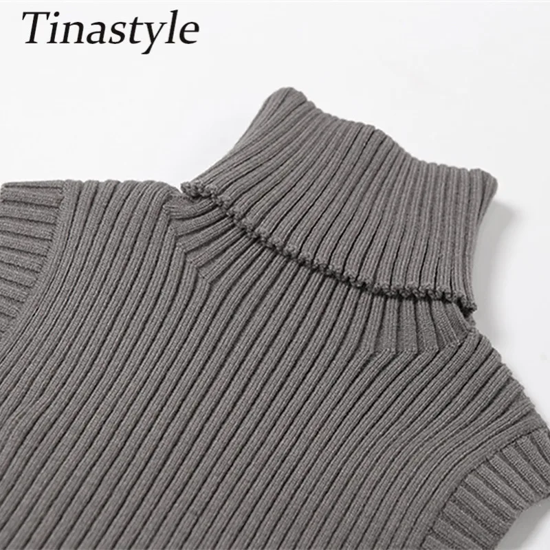 

Tinastyle Black Ribbed Knitted Turtleneck Sweater Women Vest New Arrivals Sleeveless Slim Crop Top Camis Casual Solid Partywear