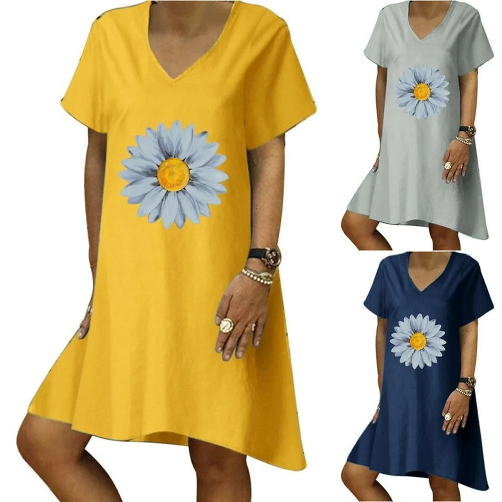 

Women V-Neck Short Sleeve Print Shirt Dress Ladies Summer Casual Loose Dresses