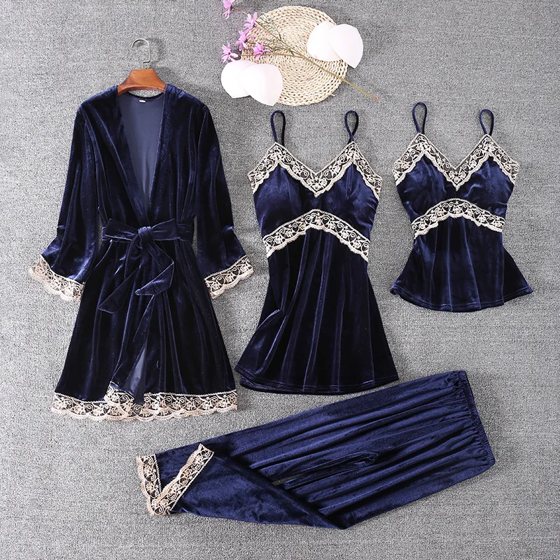 

Autumn New Velour Sleepwear Women Pajamas Suit Sexy 4PCS Robe Set Kimono Gown Velvet Soft Nightgown Home Clothes Nightwear