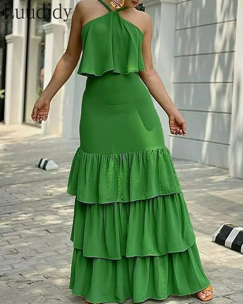 

Женское однотонное платье Макси без рукавов с лямкой на шее и многослойными оборками