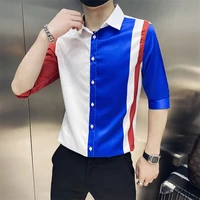 2021 spring fashion color patchwork male slim fit dress social harajuku shirts men longhalf sleeve business casual luxury shirt