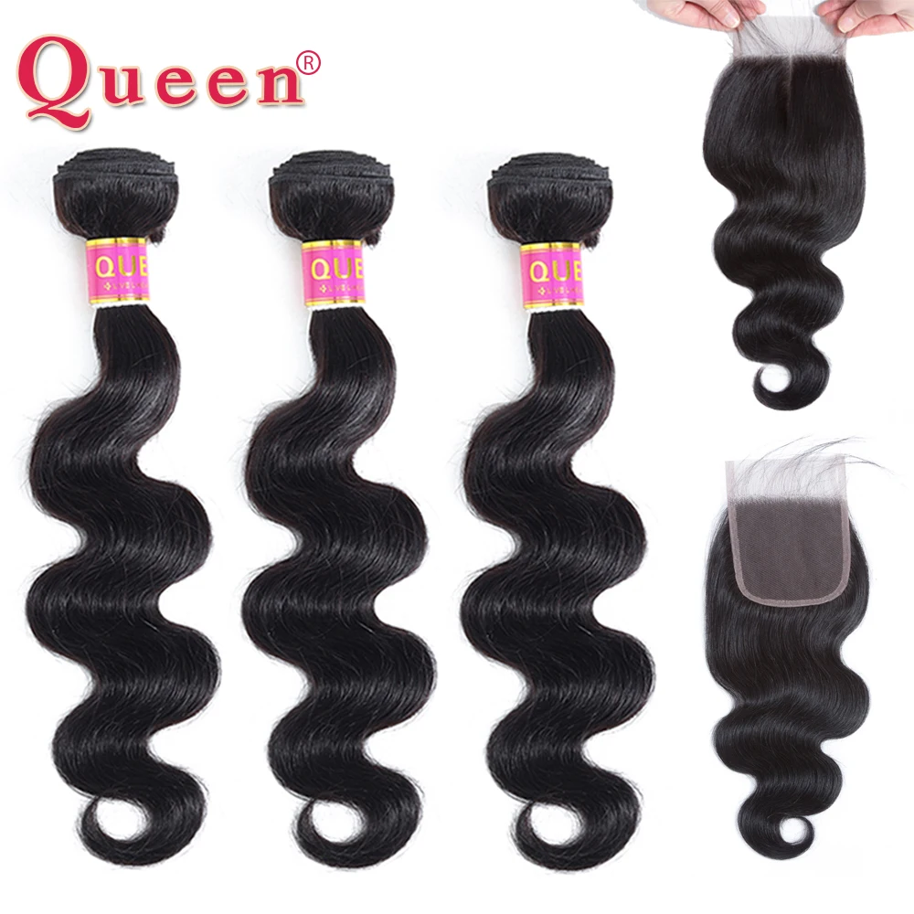 Queen hair Products перуанские волнистые пучки с закрытием Remy 3 пучка человеческих волос с закрытием Детские волосы для наращивания