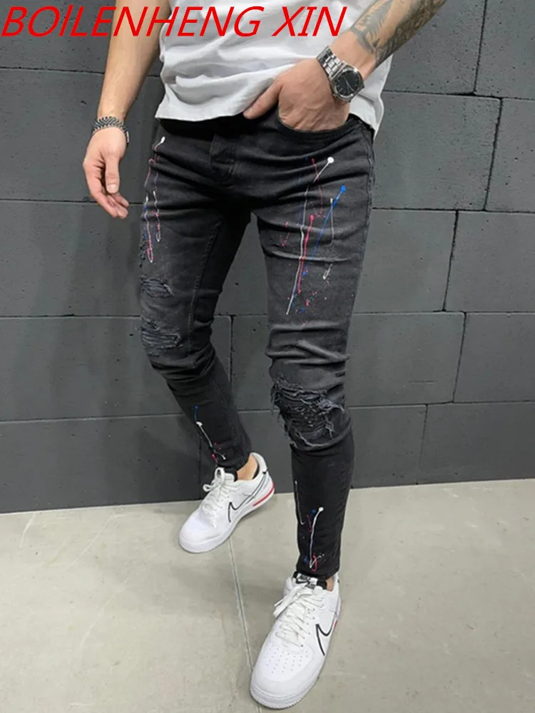 

Men Skinny Jeans Trousers Slim Fashion Solid Color Biker Jeans Motorcycle Party Casual Pant Classic Hip-hop Jogging Jeans