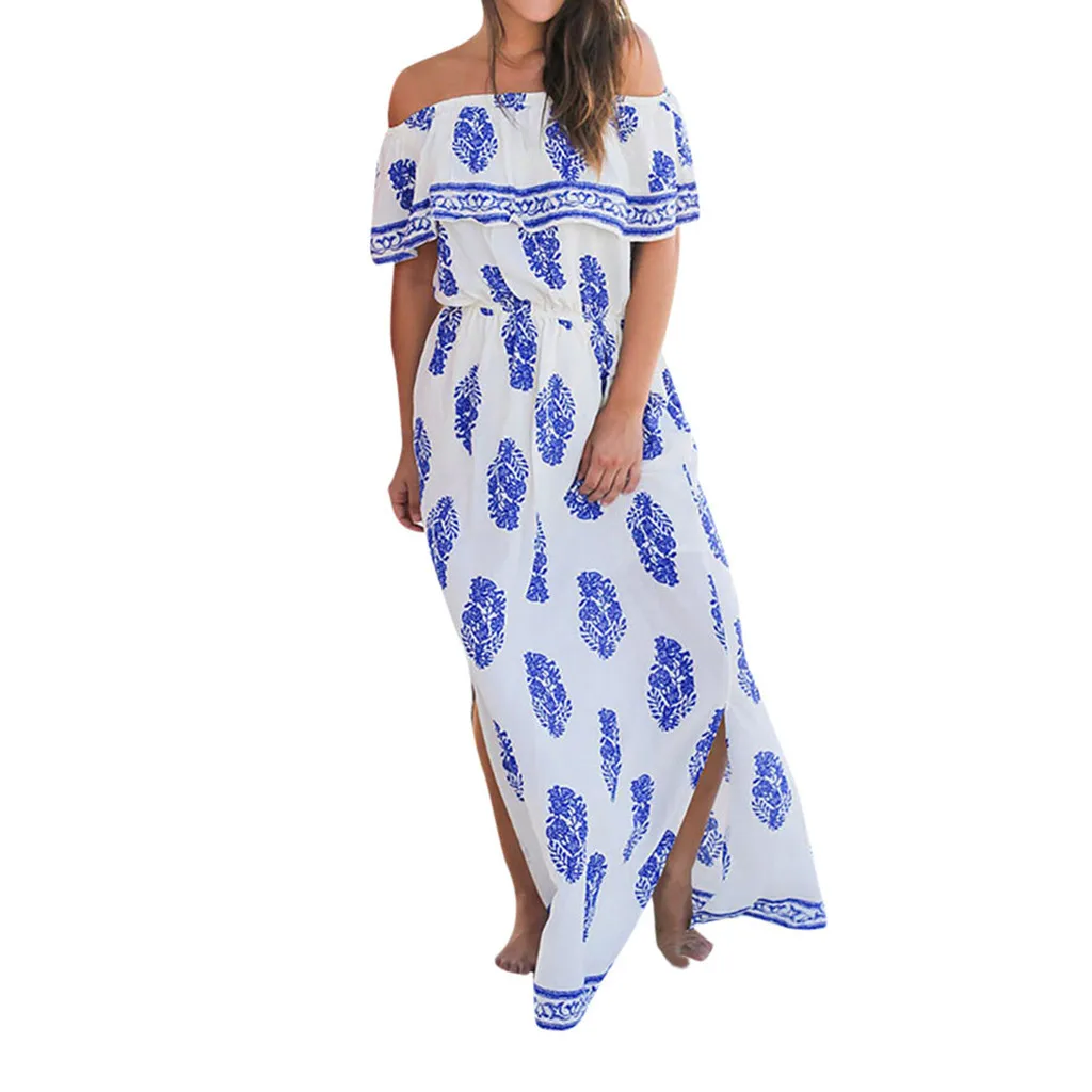 Женское длинное платье с принтом в стиле бохо летнее листьев вечерние платья