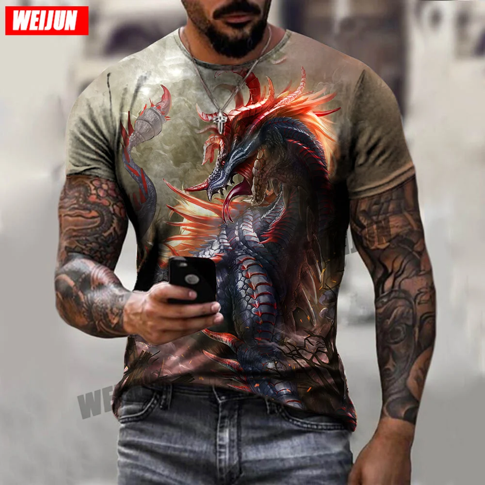

Printed T-Shirt 2021 Summer Men's Fashion Short-Sleeved 3D Printing Fire Dragon Figure Top Loose Street Clothing
