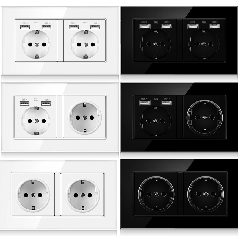

Wall Socket Glass Panel 16A Power Socket EU Standard Dual USB Charging Ports double socket 146mm * 86mm Outlet LED Indicator
