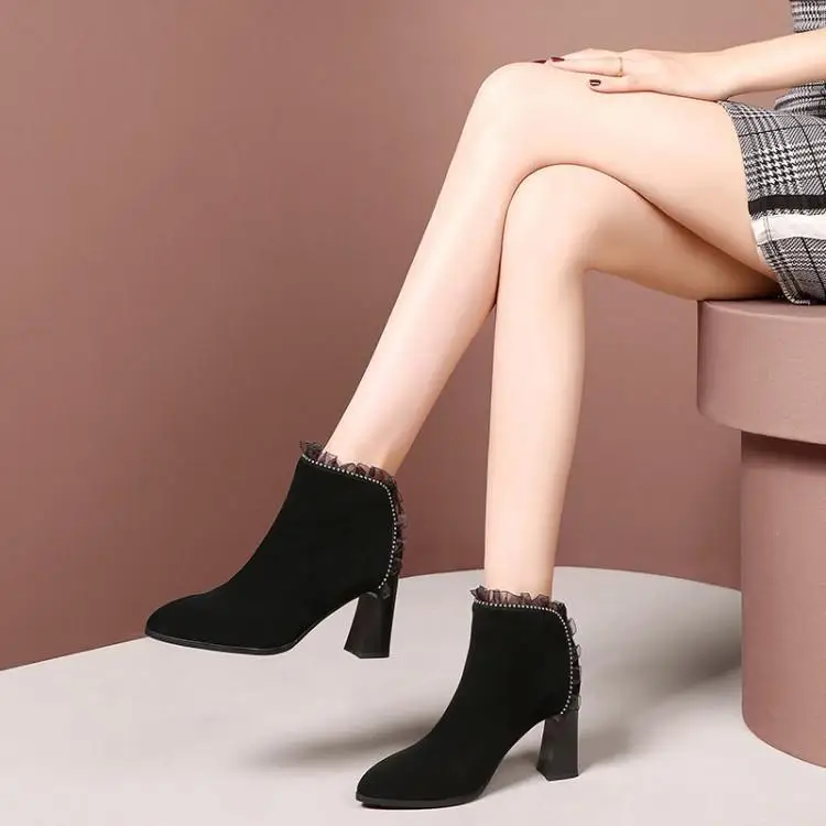 Qiu/ботинки с острым носком женские ботинки на Высоком толстом каблуке Ботинки martin