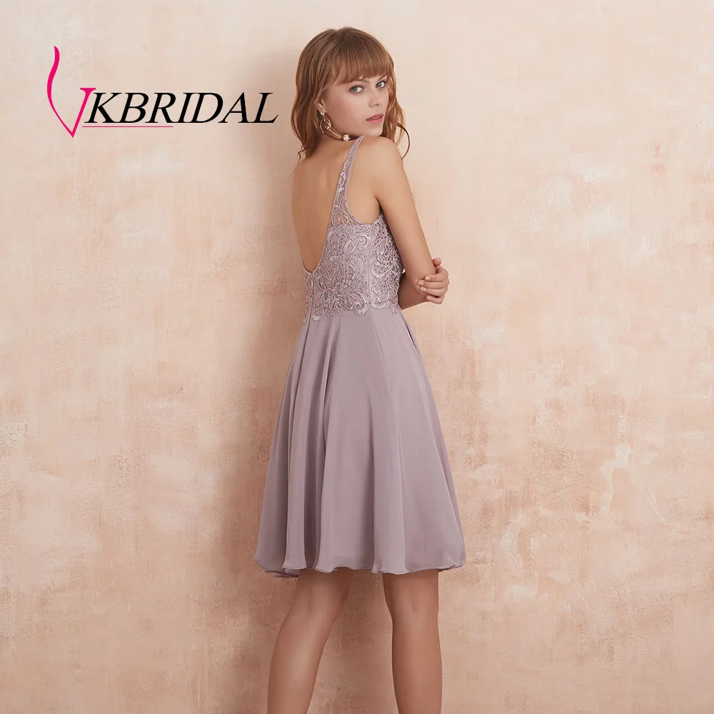 VKBRIDAL сексуальные короткие платья для выпускного вечера с открытой спиной шифоновые аппликационные кружева с бисером милые платья для выпускного вечера