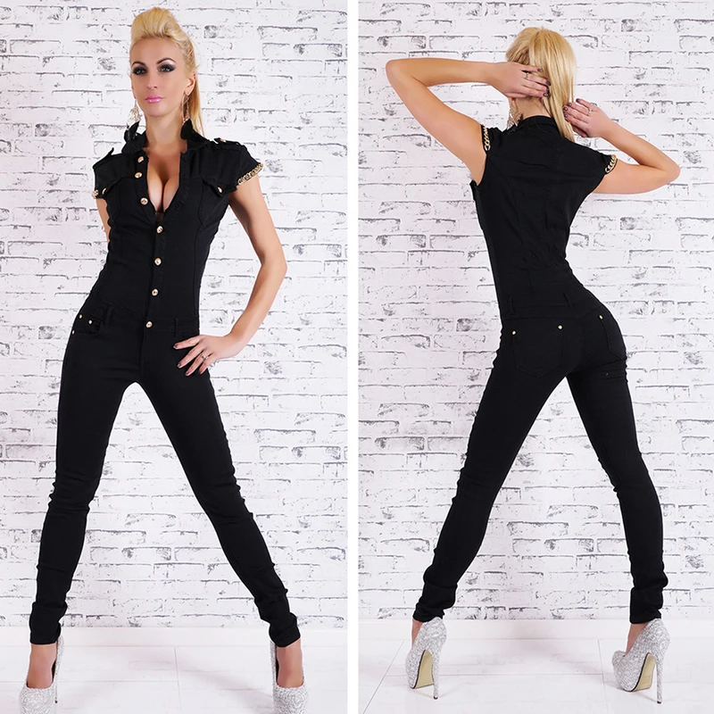 

Autumn Fashion Women Denim Long Jumpsuit Sexy Deep V Neck Jean Jumpsuits Buttons Chain Black Overalls Lady Rompers KH819734