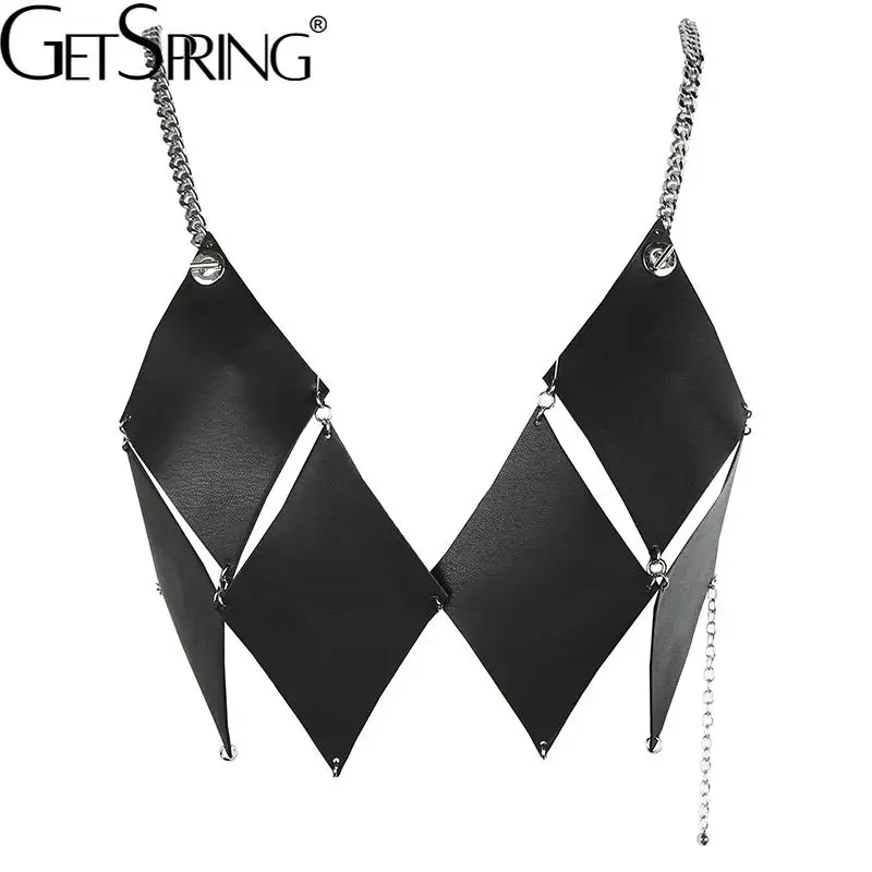 

GetSpring Women Vest Black Soft PU Metal Chain Short Vest Coat Fashion Leather Waistcoat All Match Womens Vest Jackets Autumn