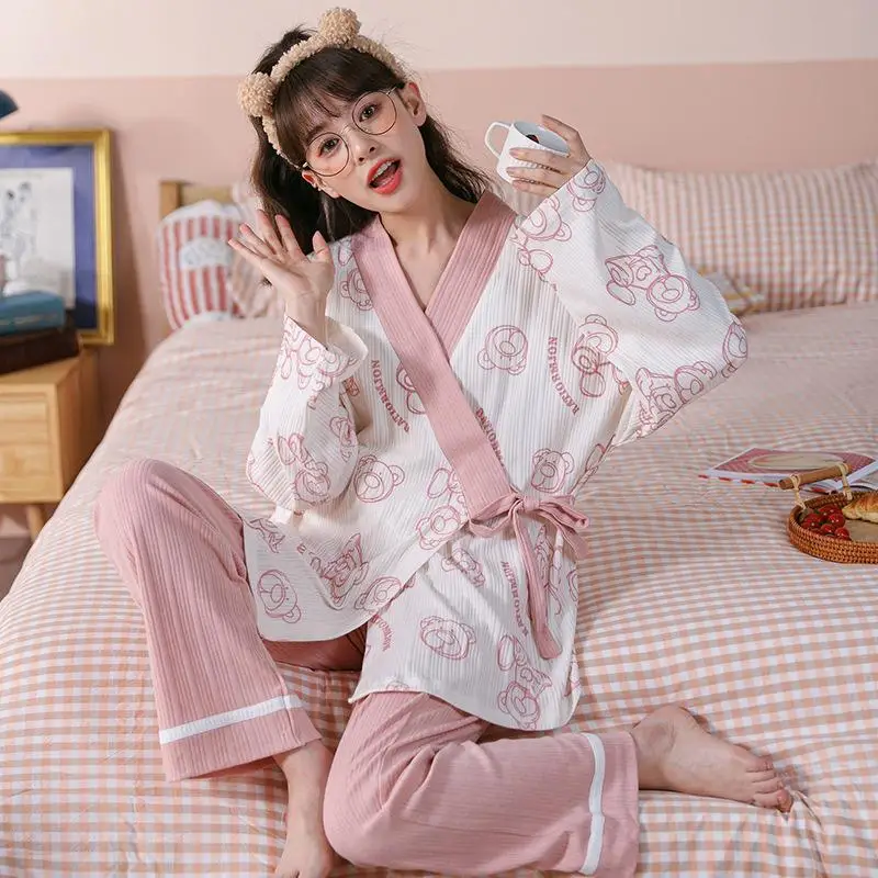 Women Pajamas Set Long Sleeve Cotton Nightgown Knitted Cotton Casual and Comfortable Pajamas 2 Pieces Sleepwear Home Clothes
