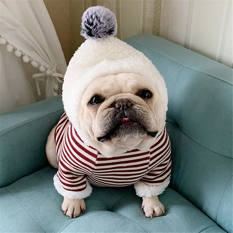 

Winter Warm Stripe Hoodies French Bulldog Dog Clothes Schnauzer Pug Clothing Bulldog Costume Pet Outfit with Plush Hat Pet Coat