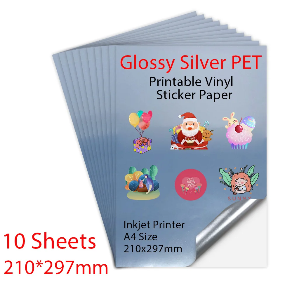 10 Sheets Glossy Silver Printable Vinyl Sticker Paper A4 Size 210*297mm Waterproof Copy Paper For All Inkjet Printer DIY Crafts