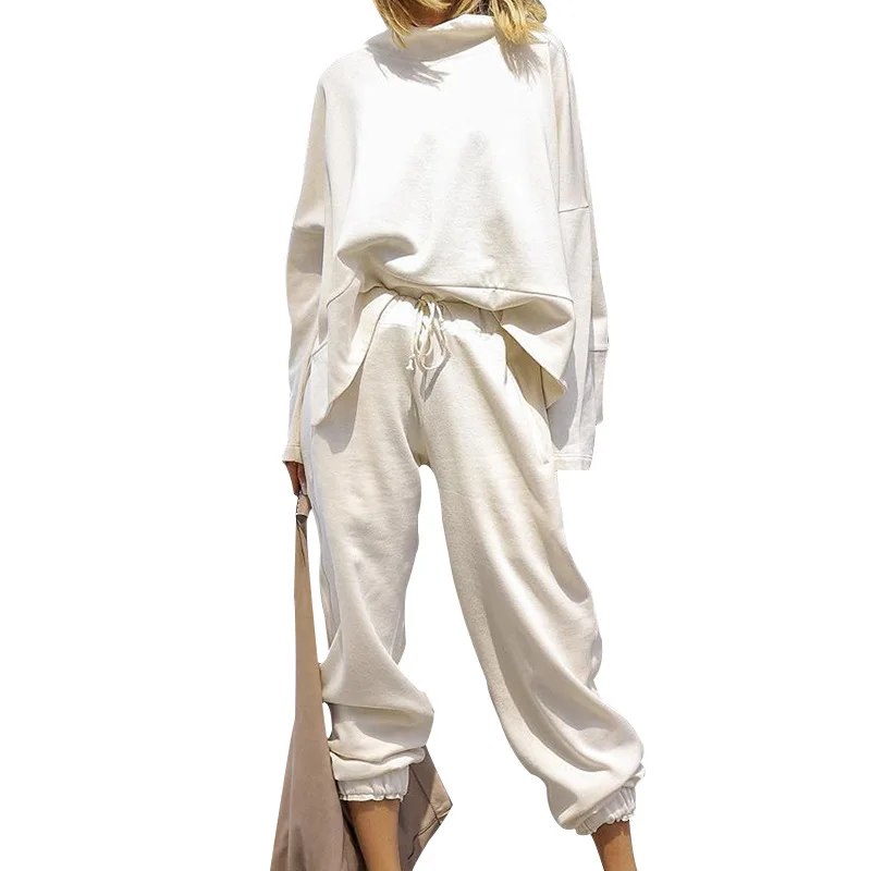 

Autumn 2021 New Women Loose Top Casual Pants White Turtle Neck Long Sleeve Top Pure Black Loose Long Pants Two Piece Women Set