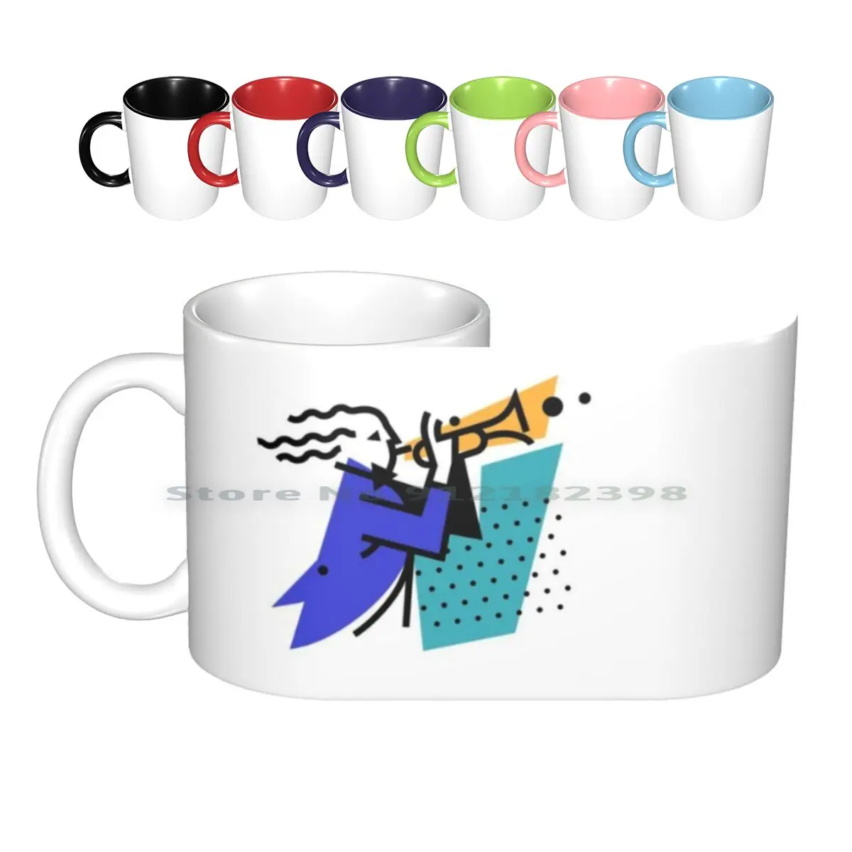 

Иллюстрация музыканта, труба, керамические кружки, кофейные чашки, Кружка для молока и чая, логотип бренда Jazz персонажа, икона, труба, музыка
