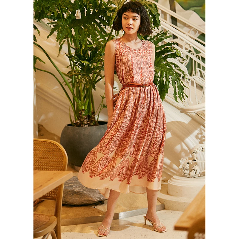 

Dress Women Simple Design 100% Silk Printed Sweet Style O Neck Sleeveless Straight High Quality Long Dresses Ladies New Fashion