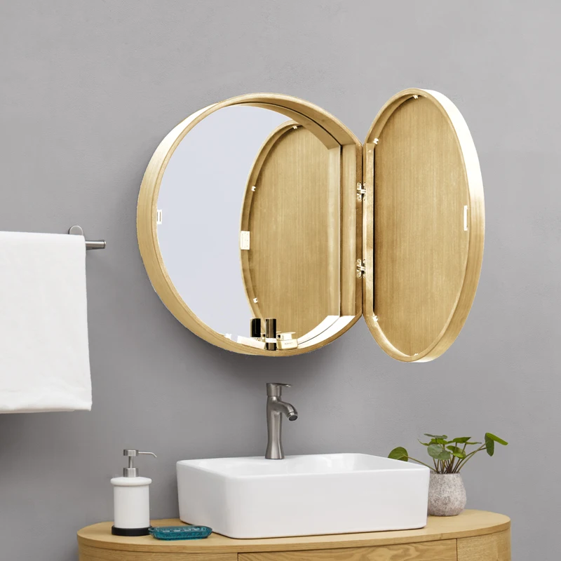 Цельное дерево зеркало для ванной комнаты круглый скрытый ящик настенный Анти