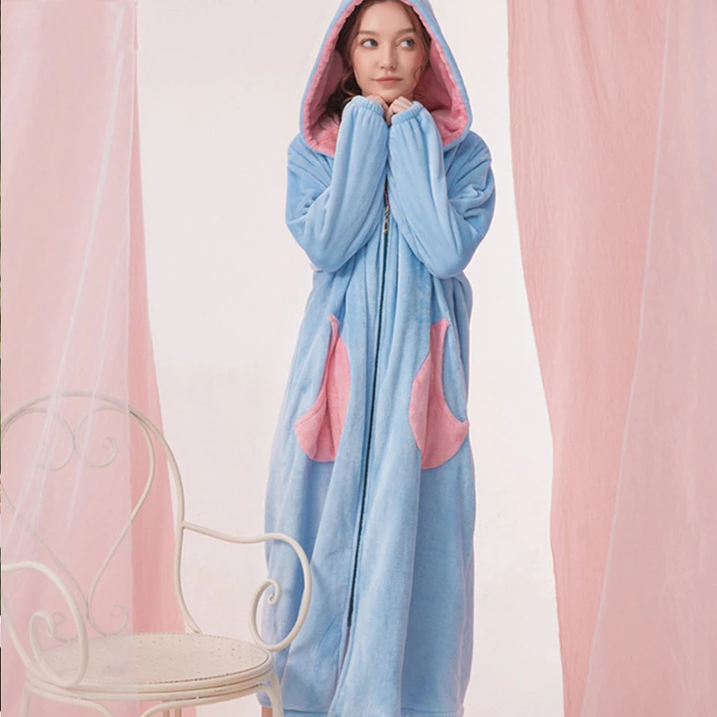 Зимний фланелевый Халат женская теплая Пижама с капюшоном и карманом платье на