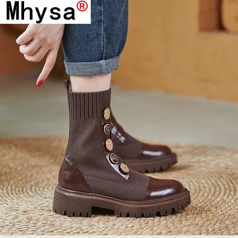 

Женские ботильоны на платформе, эластичные ботинки из искусственной кожи с круглым носком и металлическим украшением, осень 2021