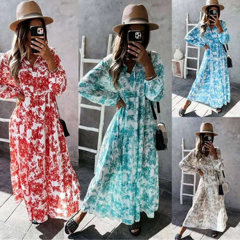 

Loose Dress for Plus Size V Neck Robe Boho Femme Summer Dress Women Boho Long Summer Cotton Linen Dress Women Polyester Print